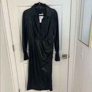 Elegant Black Midi Faux Leather Dress
